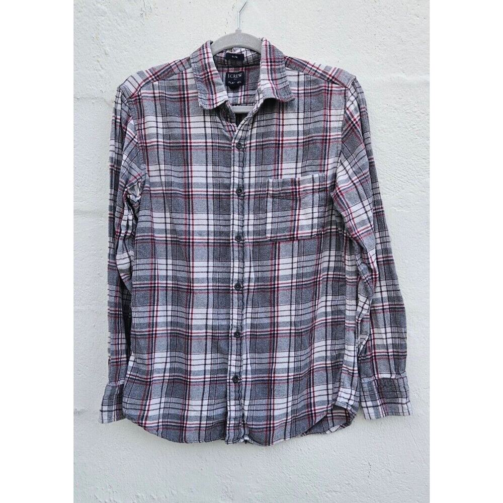 J Crew Shirt Mens‎ Medium Slim Fit Gray Red Plaid Flannel Gorp Preppy Grunge
